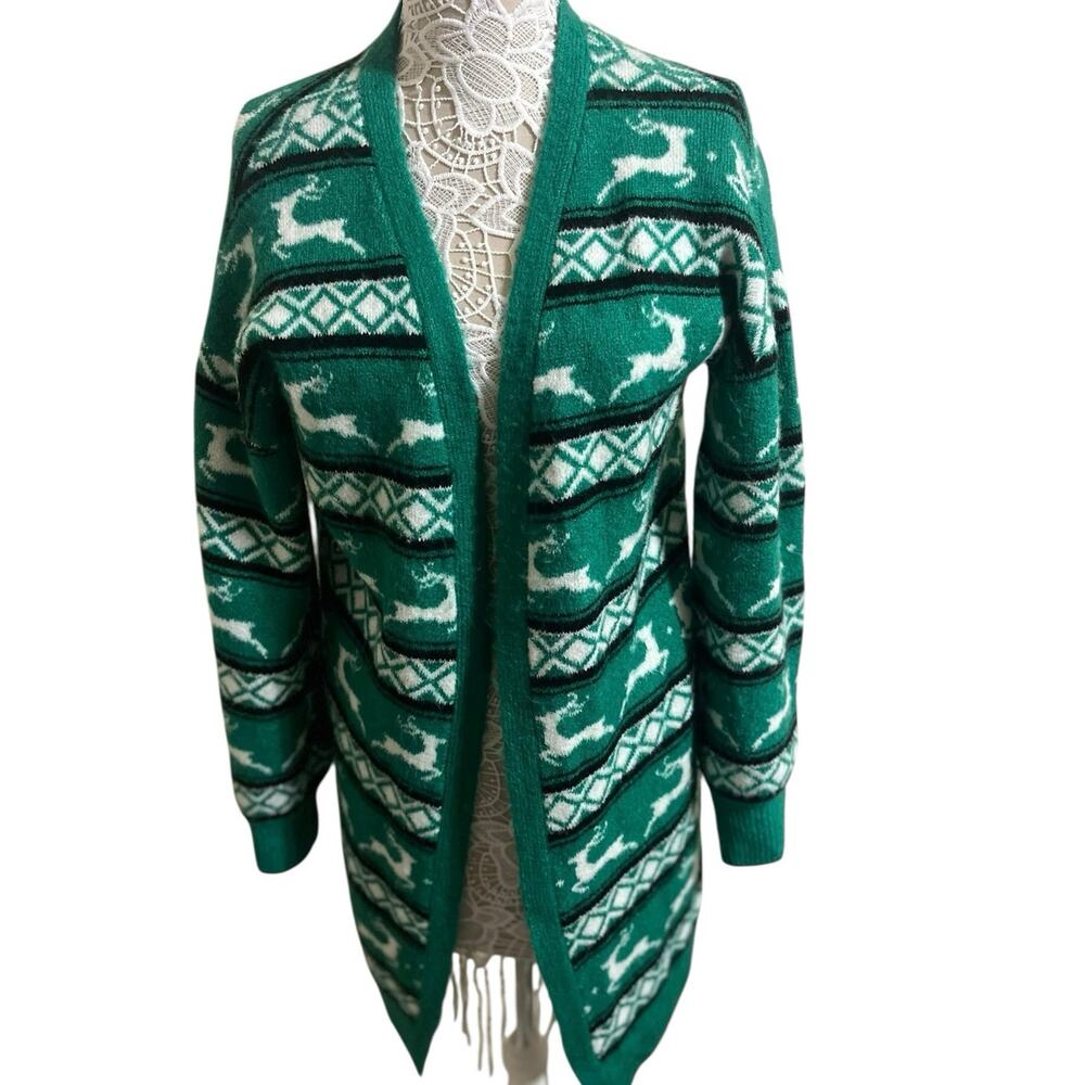 Christmas Cozy Cardigan in Green, Black and White-Fair Isle Style with Reindeer